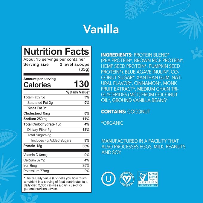 ALOHA Organic Plant Based Protein Powder Stevia Free Vanilla 19.6 oz 15 Servings PACKAGING MAY VARY