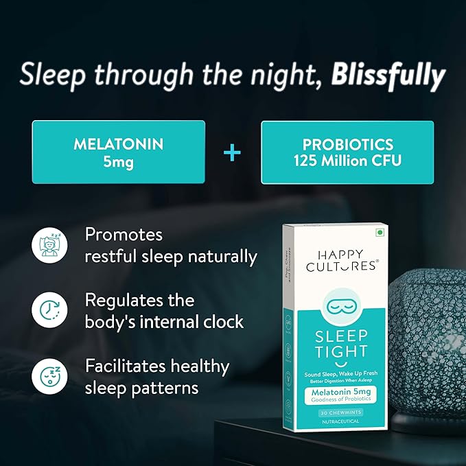 Happy Cultures Sleep Tight Melatonin 5Mg with Probiotics Bacillus Coagulans Sleep Deeper &amp Wake Up Refreshed &amp Natural Clinically Tested Helps Gas Relief Indigestion - 30 Chewmints