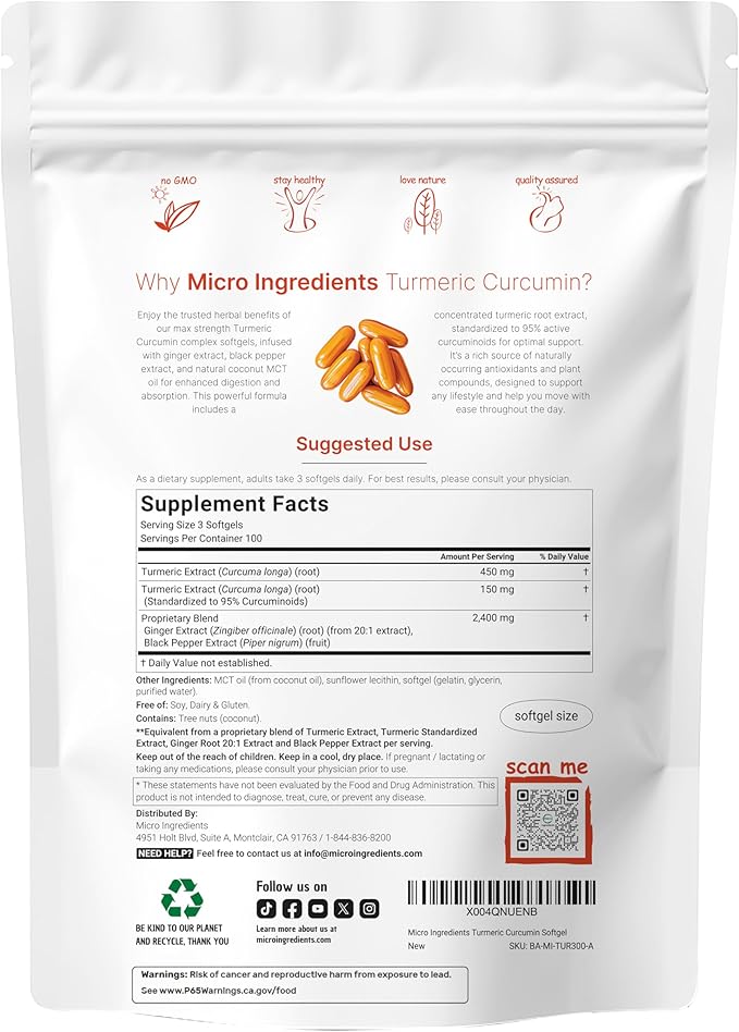 Turmeric Curcumin Supplement with Black Pepper &amp Ginger 3000mg 300 Softgels with MCT Oil for Better Absorption | 95% Curcuminoids | Non-GMO