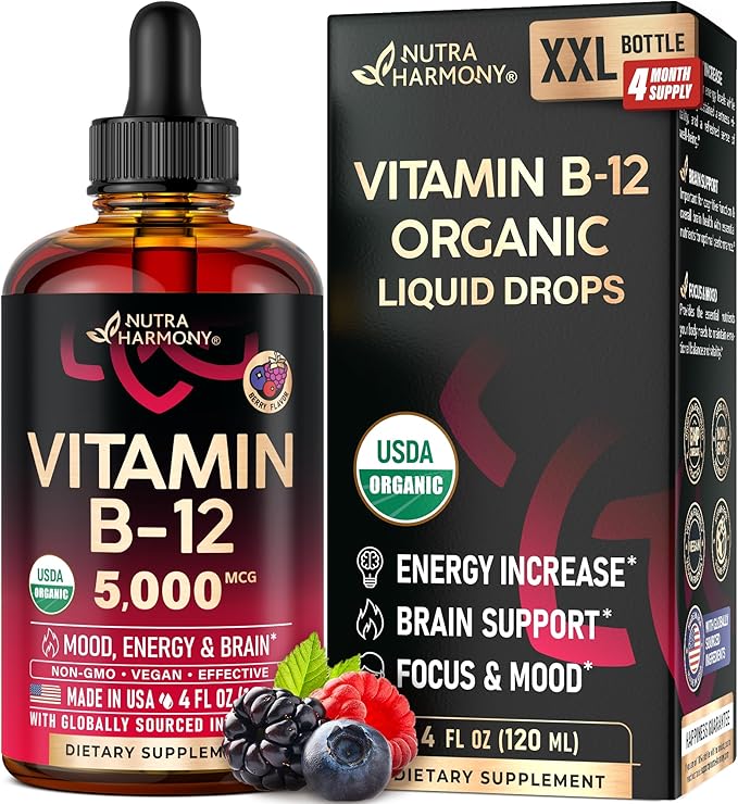 USDA Organic Vitamin B12 Sublingual Drops - 5000 mcg Liquid Vegan Methylcobalamin for Women &amp Men - Energy Boost Focus &amp Mood Brain Health Support - Maximize Absorption - 4 Month Supply 4 f