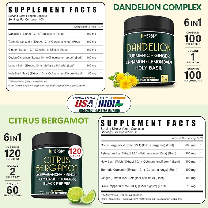 Bundle 6in1 Dandelion Supplement &amp 6in1 Citrus Bergamot Supplement - Support Relaxation Heart Digestion Health and Immune