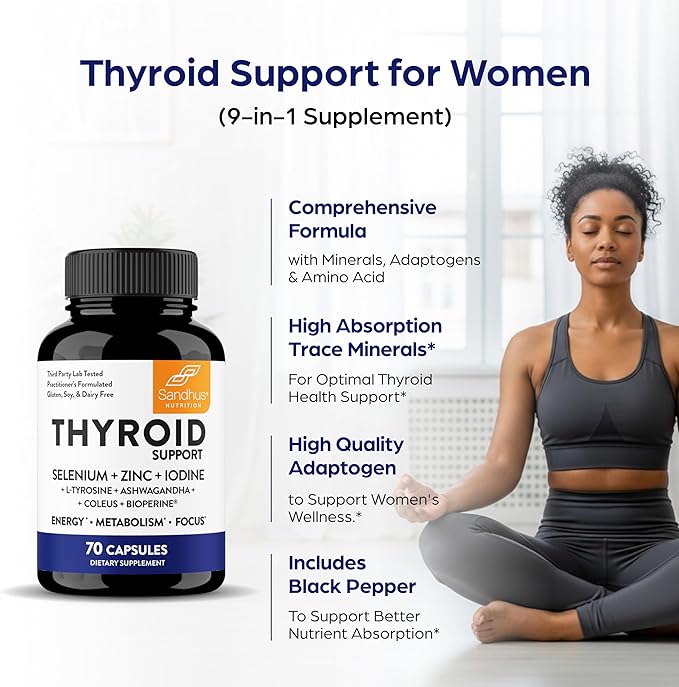 Sandhu's Thyroid Support with Selenium Zinc Iodine L Tyrosine Ashwagandha | Pure Health Supplement for Women &amp Men | 70 Count (Pack of 2) 70 Days Supply