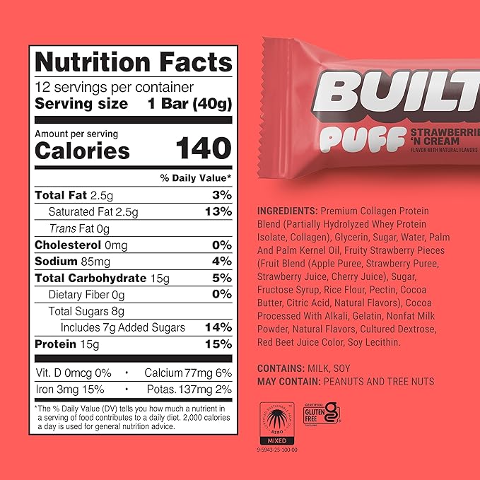 BUILT Bar Puff Protein Bars - Strawberries 'N Cream - 15g Protein Snack Bars with Collagen - Calorie Conscious &amp Gluten Free - 12 Count
