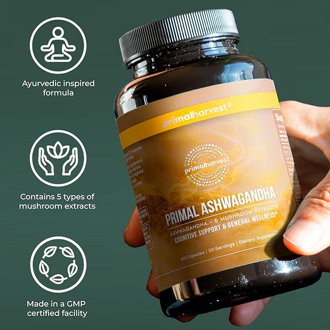 Primal Harvest Ashwagandha Supplement with 5 Mushroom Extracts: Lion’s Mane Reishi Cordyceps Turkey Tail &amp Maitake for Immune Support &amp Cognitive Health (60 Count (Pack of 2)