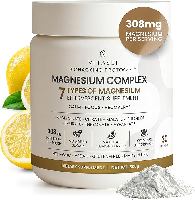 VITASEI Magnesium Total Care – 7 Types Magnesium Powder with Aspartate Chloride Citrate Bisglycinate Malate Threonate Taurate for Calm Focus &amp Recovery – 10.58 oz (30 Servings)