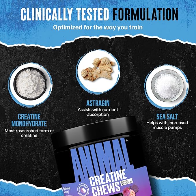 Animal Creatine Chews – 5g Creatine Monohydrate Tablets for Strength Power &amp Training Recovery Support – Enhanced Absorption with AstraGin® – Convenient Chewable Format – 120 Tablets
