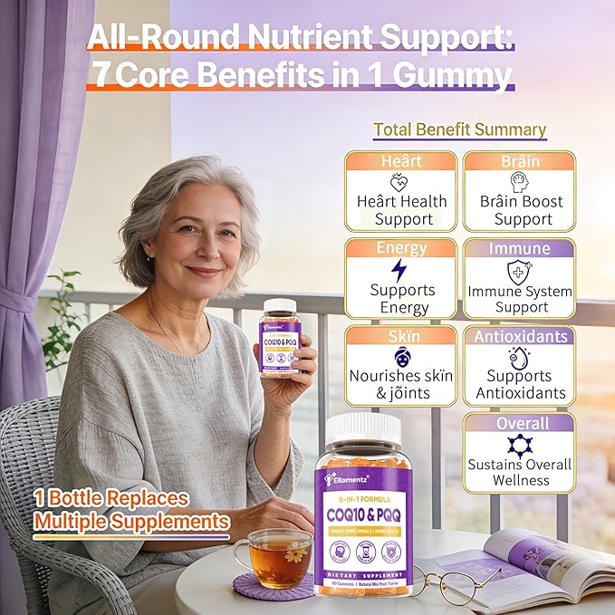 CoQ10 Gummies 200mg with PQQ Red Yeast Rice &amp Omega 3 | High Absorption Coenzyme Q10 Supplements for Hear-t Health Brain &amp Cellular Energy | Sugar-Free Vegan 120 Counts