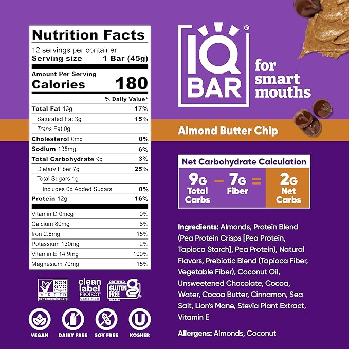 IQBAR Clean Plant Protein Bars - Almond Butter Chip - 24 Count - Keto Vegan High Fiber Gluten and Dairy Free Low Sugar Snack - Brain and Body Nutrients for Focus Energy Meal Replacement