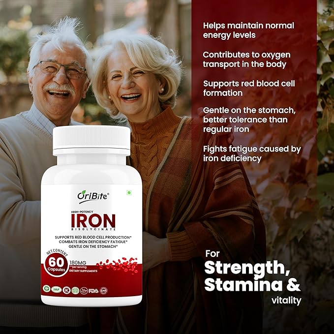 Iron Bisglycinate 180mg – High Potency Iron Supplement for Red Blood Cell Production Iron Deficiency &amp Energy Support – Gentle on Stomach Non-GMO Gluten Free 60 Veg Capsules