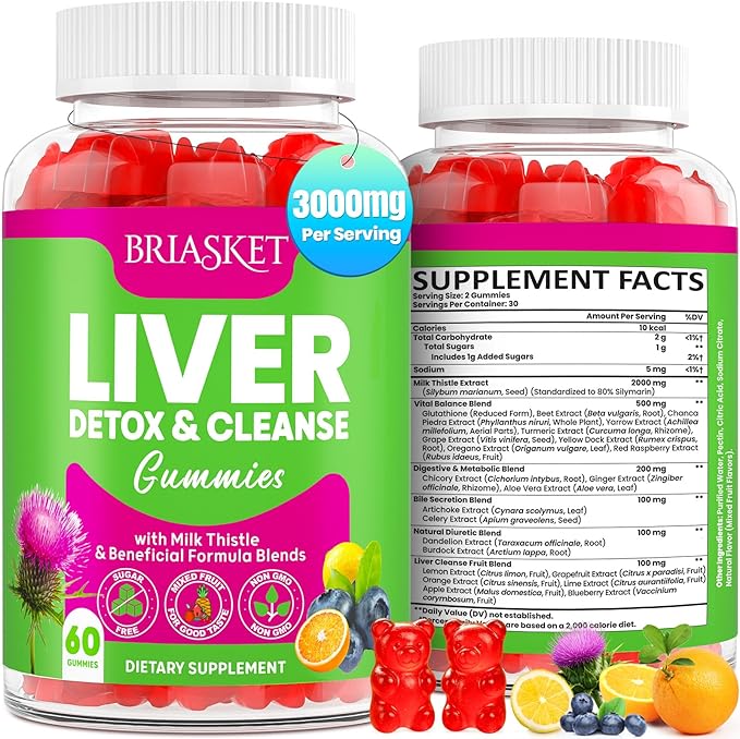 Liver Cleanse Detox &amp Repair Gummies 2000 mg Milk Thistle Extract with Dandelion Artichoke Extract &amp 23 Herbs for Liver Cleanse Detox &amp Cell Repair Gut Skin—Fruit Flavor 60 Gummies