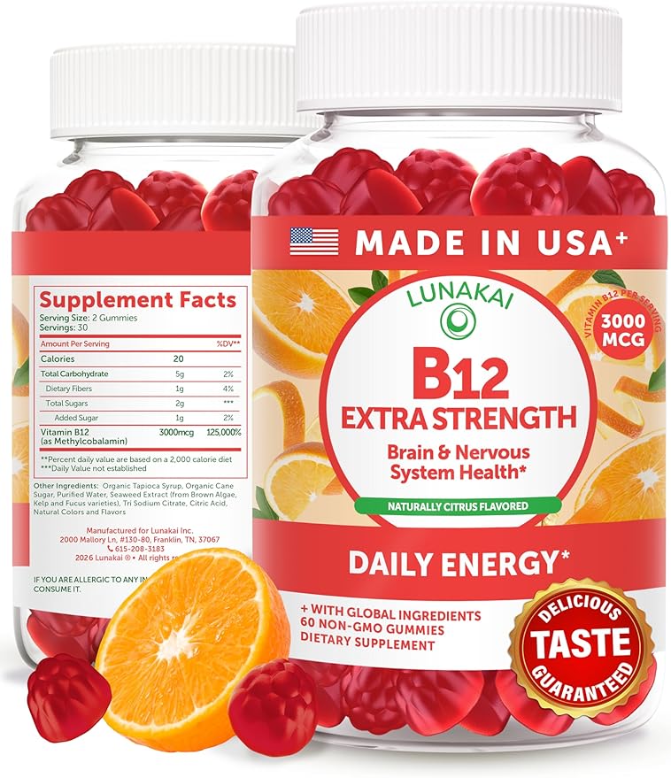 Lunakai Extra Strength 3000mcg Vitamin B12 Gummies - USA Made Delicious Daily Energy &amp Metabolism Support - Vegan B12 Methylcobalamin Supplement 60ct