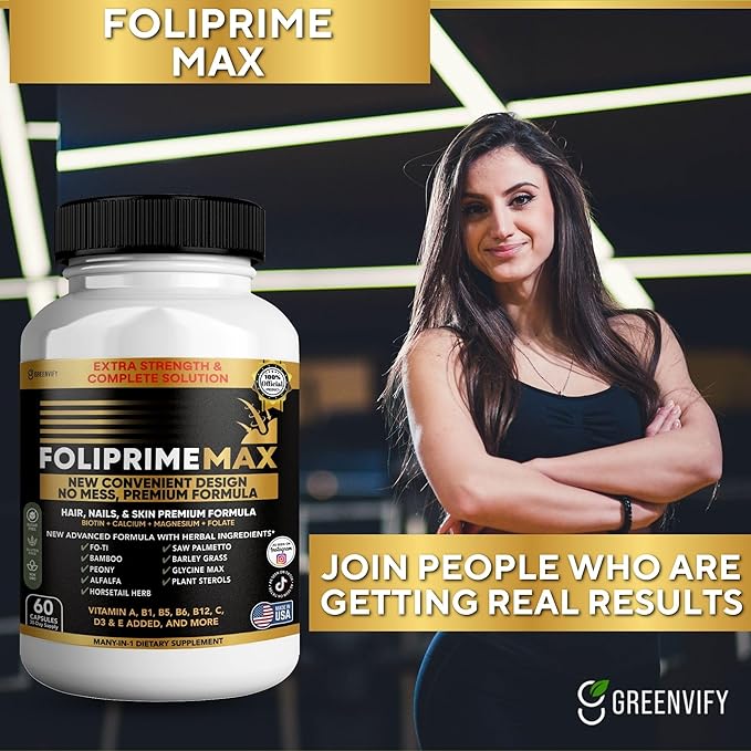 Foliprime Max Hair Nails &amp Skin Supplement with Biotin Vitamins Minerals &amp Herbal Blend 60 Capsules (3)