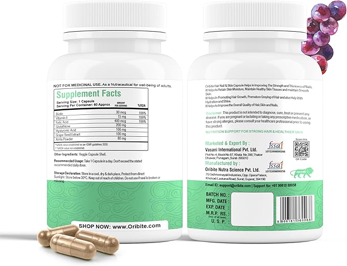 Hair Nail &amp Skin Supplement | Biotin Grape Seed Extract &amp Amla | Stronger Hair Healthier Nails &amp Glowing Skin | 500mg 60 Veg Capsules | Non-GMO Gluten Free