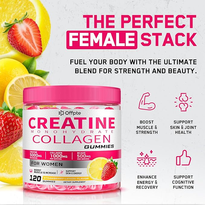 Creatine for Women 5000mg Creatina Monohidratada Gummies with Collagen &amp BCAAs for Muscle Recovery Energy &amp Skin Chewable Post-Workout Supplement Sugar-Free No Bloating 4 Gummies Per Day