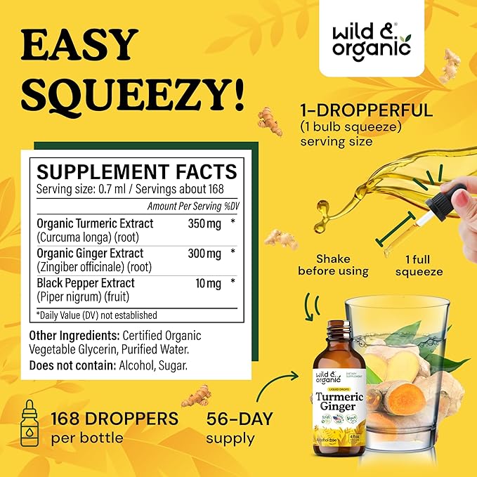 Wild &amp Organic Turmeric and Ginger Supplement Drops - Joint &amp Immune Support - Liquid Turmeric Curcumin with Black Pepper and Ginger - Curcumin Supplement - Vegan Sugar &amp Alcohol-Free Tin