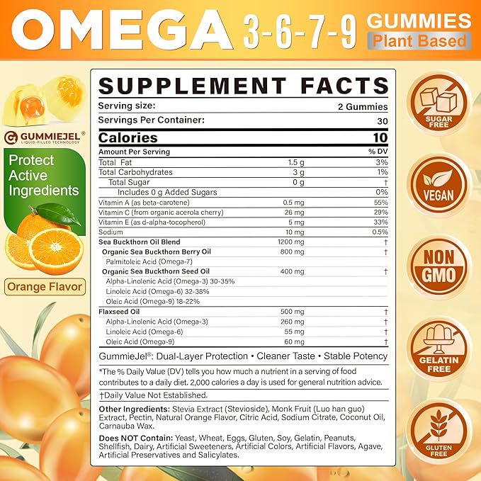 Omega 3-6-7-9 Gummies Organic Sea Buckthorn Oil 1200MG &amp Flaxseed Oil 500MG Vegan Omega 7 Supplement w/Vitamin A C E Fatty Acids No Fish Taste Supports Skin Eye Immune Brain Health 60 C