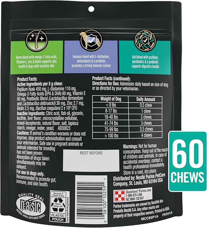 Purina Pro Plan Veterinary Supplements Multi Care Canine Chews for Dogs with Omega 3 Supports Skin Immune and Gut Health - 30ct Pouch