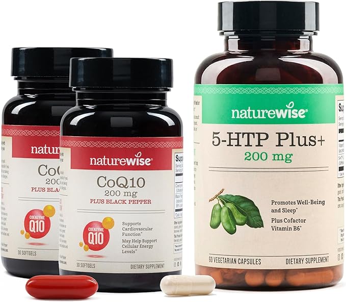 NatureWise (Pack of 2) CoQ10 200mg + Black Pepper High Absorption - 30 Softgels[30-Day Supply] + [1] 5-HTP 200mg + Vitamin B6 - Non-GMO Vegan - 60 Capsules[60-Day Supply]