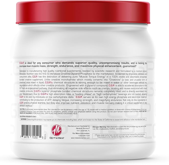 Metabolic Nutrition CGP Creatine Glycerol Phosphate 100% Micronized Creatine Powder Pre Intra Post Workout Supplement Fruit Punch 400 Grams (40 Servings)