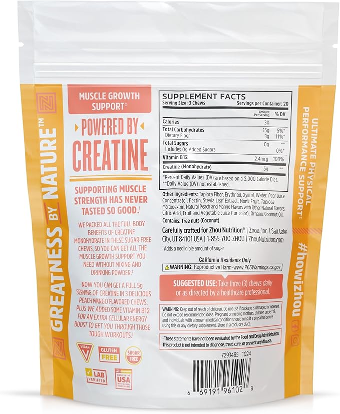 ZHOU Creatine Chews - Creatine Monohydrate Gummies for Men &amp Women with Vitamin B12 Sugar Free Vegan Organic Non GMO 5g Per Serving - Peach Mango Flavor 20 Servings 60 Chews