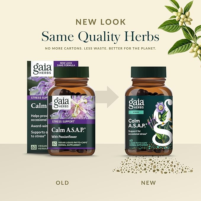 Gaia Herbs Calm A.S.A.P. - Stress Support Supplement with Skullcap Passionflower Chamomile Vervain Holy Basil &amp More - Supports Calm* - 60 Vegan Liquid Phyto-Caps (20 Servings)