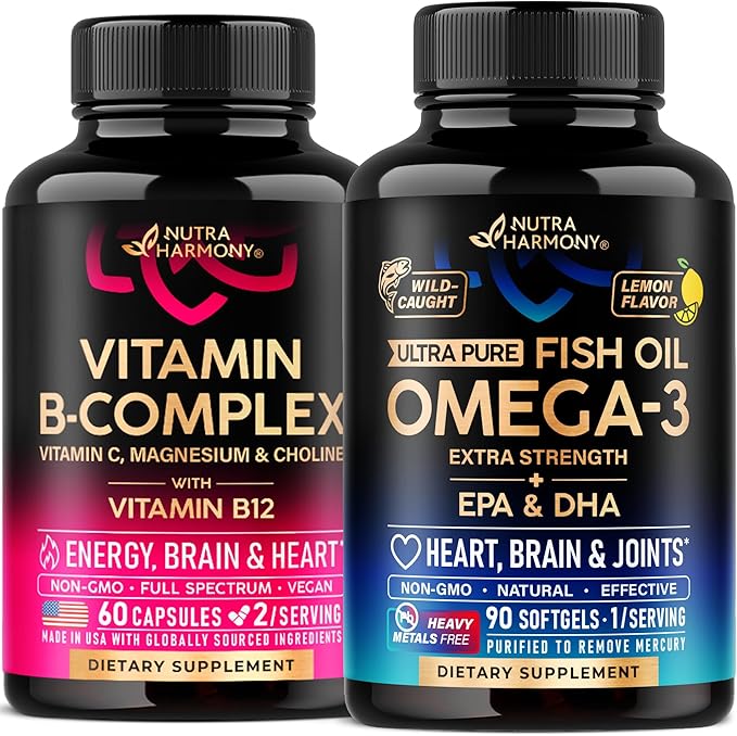 NUTRAHARMONY Vitamin B Complex Capsules &amp Omega 3 Fish Oil Softgels