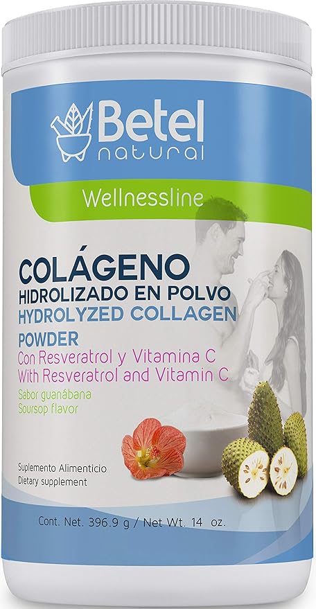 Premium Hydrolyzed Collagen (Colageno) Powder by Betel Natural - Healthy Skin Hair and Nails Support - Guanabana (Soursop) Flavor
