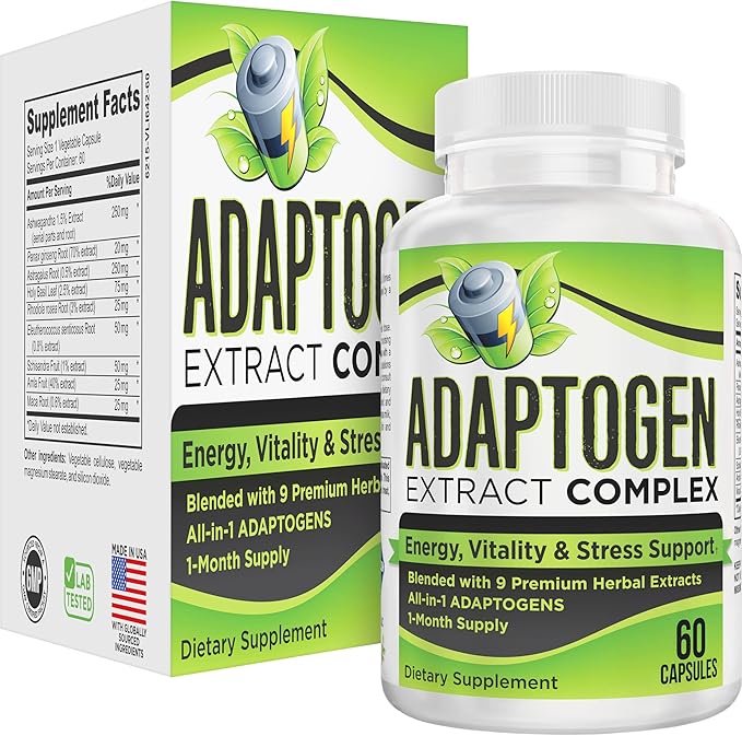 Adaptogen Supplement (9-in-1) Adaptogenic Complex with Ashwagandha Panax Ginseng Rhodiola + More | Herbal Extract Blend | Adaptogen Supplements | 1-Month Supply | 60 Capsules