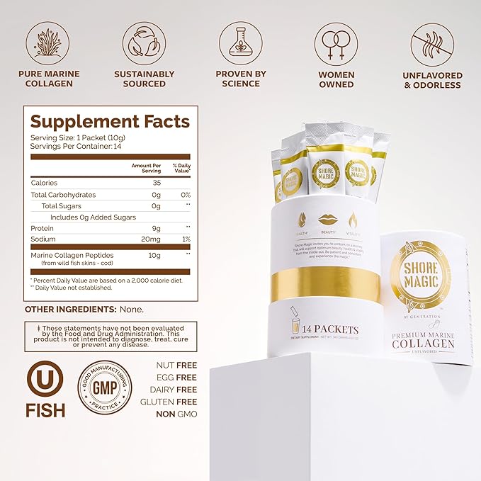 Shore Magic 14-Day Collagen Packets + Signature Ceramic Mug Bundle – Marine Collagen Peptides Types I-IV Unflavored Travel-Friendly – with 14 oz Premium Mug for Daily Collagen Coffee &amp Tea