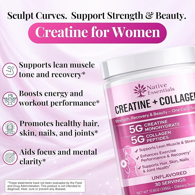 Creatine for Women + Collagen Peptides 5g Each - Muscle Beauty Performance
