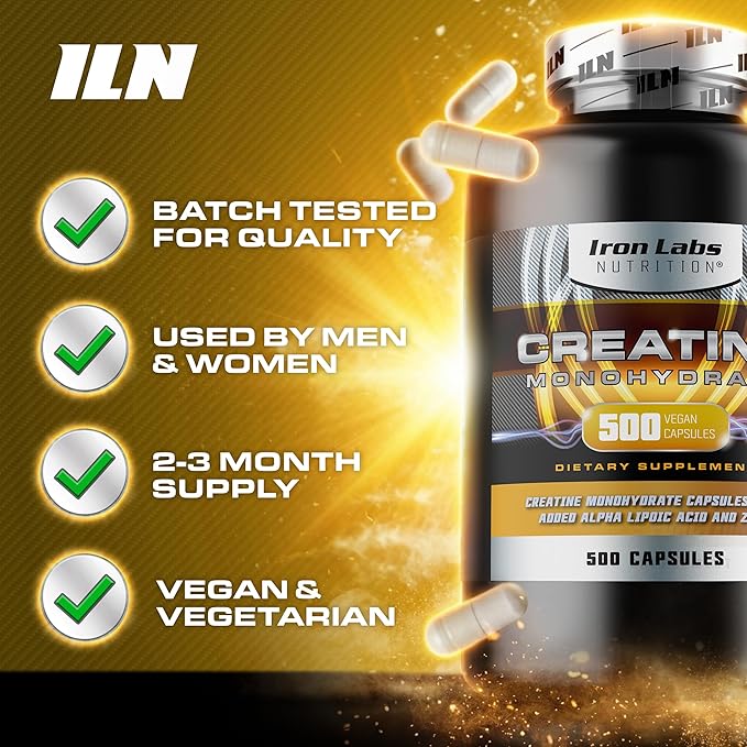 Iron Labs Nutrition Creatine Monohydrate (500 Capsules) - 3900mg Per Serving - Unflavoured Capsules - High Strength Creatine for Men &amp Women