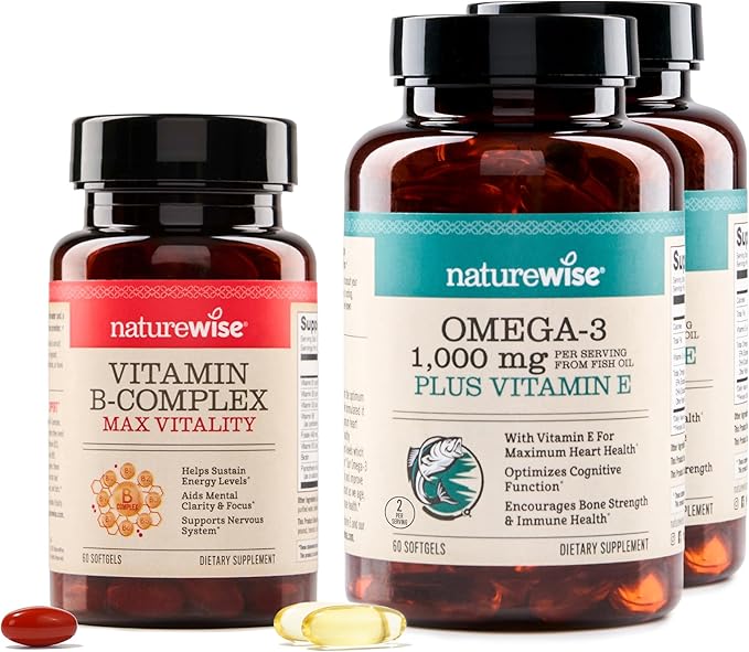 NatureWise [1] Vitamin B Complex - Gluten-Free Non-GMO - 60 Softgels[30-Day Supply] + (Pack of 2) Omega 3 Fish Oil 1000mg + Vitamin E - Wild-Caught - 60 Softgels[30-Day Supply]
