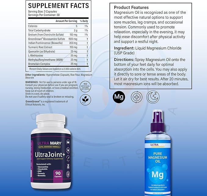 Joint Support UltraMary+(90 Capsules)+Pure Magnesium Oil Spray(300 ml) Combo–Glucosamine 1500mg Chondroitin MSMTurmeric &amp Boswellia–Mobility Flexibility &amp Muscle Relief|Articulaciones &amp