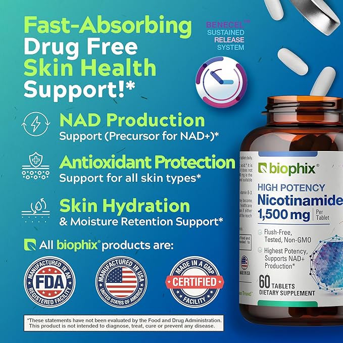 biophix B-3 Nicotinamide 1500 mg 60 Tablets Maximum Strength - Nicotinic Amide Niacin Natural Flush-Free Vitamin Formula - Supports Skin Cell Health