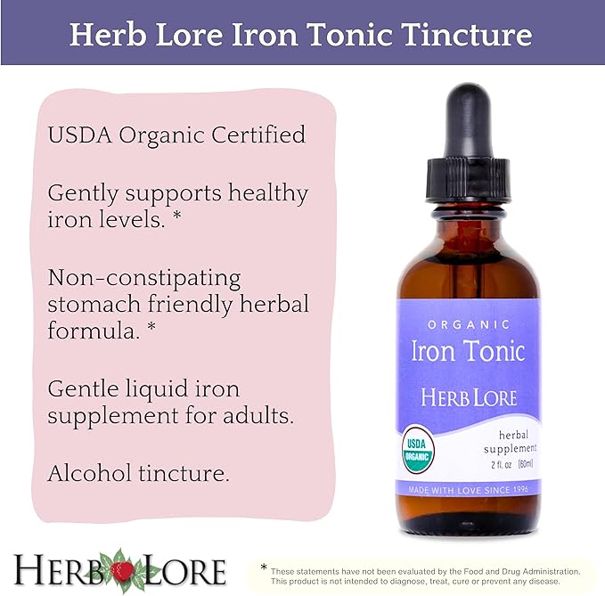 Herb Lore Organic Iron Tonic Tincture – Liquid Iron Drops for Women and Men – Non Constipating Easy on Stomach Plant Based Vegan &amp Alcohol Based (2 fl oz)