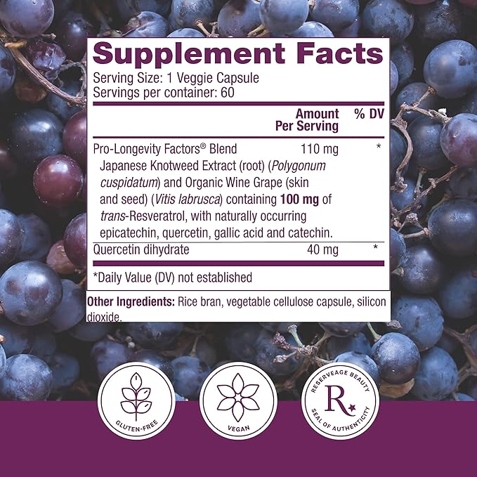 Reserveage Beauty Resveratrol 100 mg Antioxidant Supplement for Heart and Cellular Health Supports Healthy Aging and Immune System Paleo Keto 60 Capsules (60 Servings) (Pack of 2)