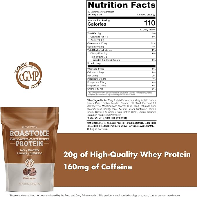 NutraOne RoastOne Coffee Protein Powder Coffee Infused Whey Protein Powder for Energy &amp Focus 160mg Caffeine and 20g Protein (Sweet Cream – 1.35 lbs.)