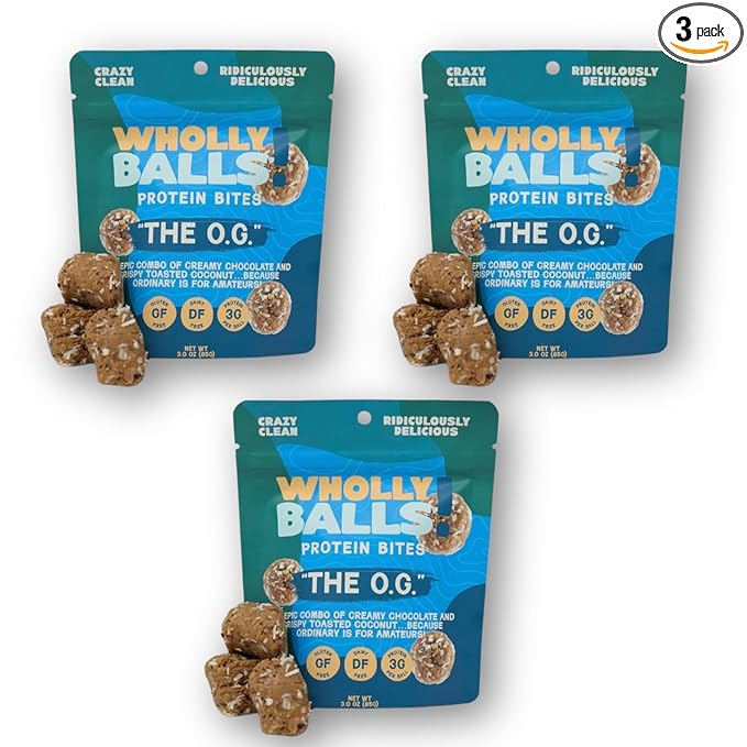 Wholly Balls Protein Bites – Healthy Plant-Based Snack | High Protein Low Sugar Gluten-Free Energy Balls (Pack of 3 O.G)