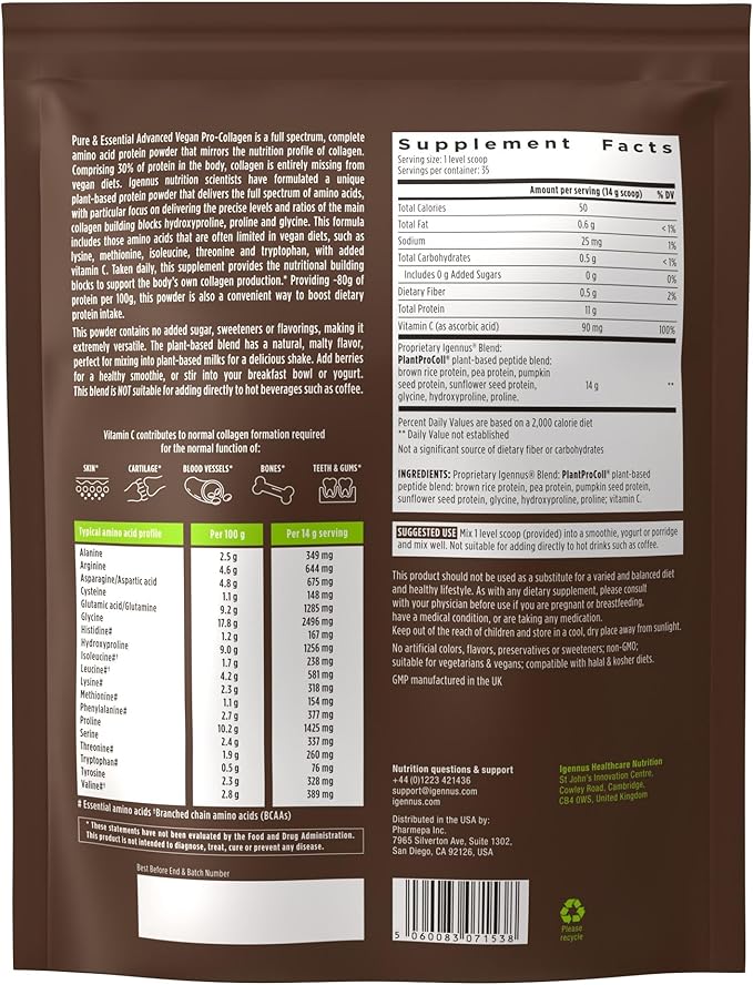 Igennus Vegan Collagen Peptide Powder Enhanced with Glycine Proline &amp Hydroxyproline &amp Cofactor Vitamin C Non GMO Complete Vegetarian Plant Based Collagen Powder Booster 4 x 35 Servings