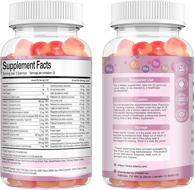 Totaria Sugar Free Multivitamin Gummies for Women 14+ w/Iron Inositol Folate Biotin Womens Daily Multivitamin Gummy w/Vitamin A C B D3 K2 for Hair Skin Energy Immune Strawberry Flavor