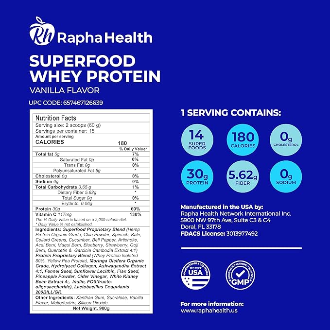 Superfood Whey Protein (Vanilla) | High-Protein Blend with Organic Superfoods &amp Probiotics | Immune &amp Muscle Support | Gluten &amp GMO Free |15 Servings