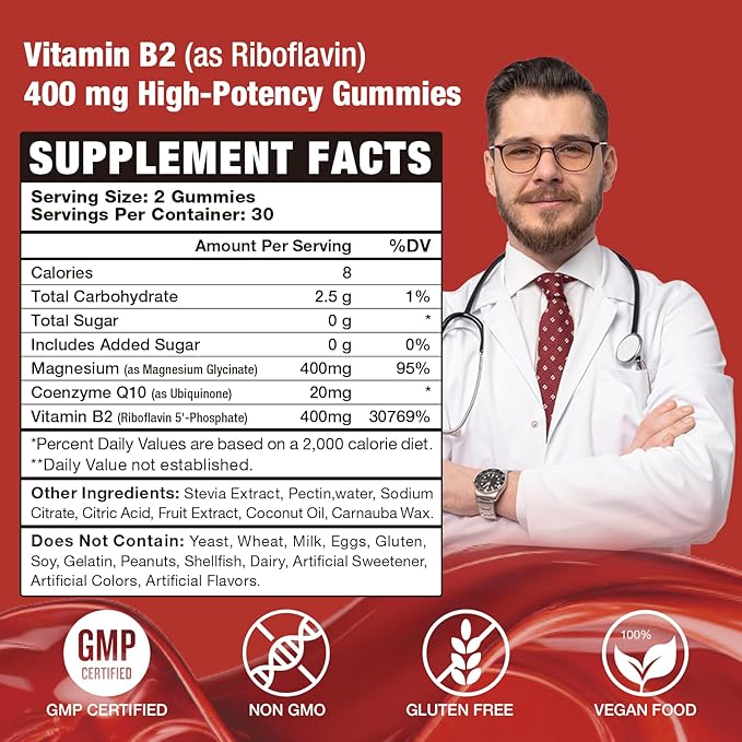 Vitamin B2 Riboflavin 400mg Gummies for Energy &amp Metabolism Support - Delicious Strawberries Flavor Vegan Gummies - Non-GMO Gluten Free - 120 Count