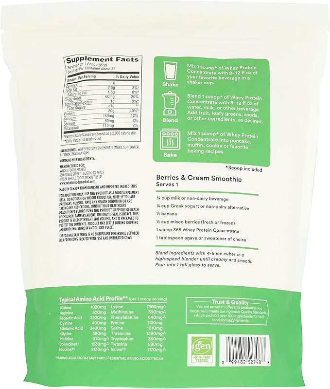 365 by Whole Foods Market Unflavored Whey Concentrate Protein Powder 32 Ounce