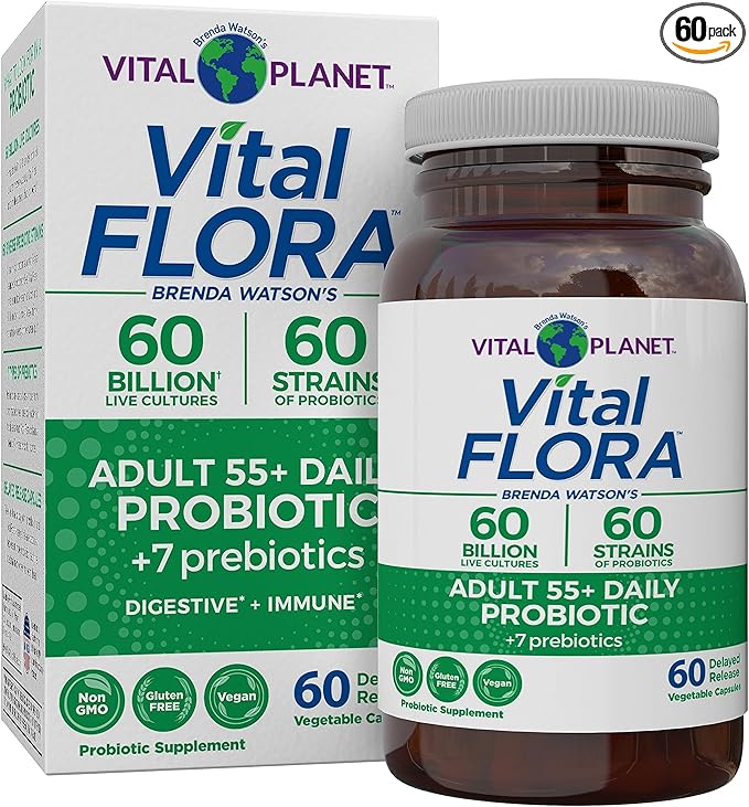Vital Planet - Vital Flora Adults Over 55 Daily Probiotic 60 Billion CFU Diverse Strains Organic Prebiotics Immune Support Gas Relief Digestive Health Probiotics for Women and Men 60 Capsules