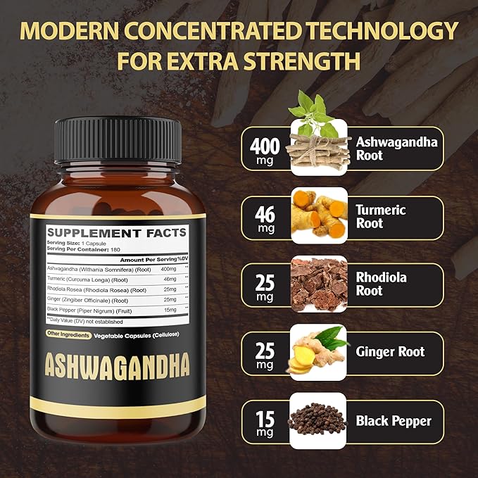 5in1 Premium Ashwagandha Capsules - Added Turmeric Rhodiola Rosea Ginger Black Pepper - 180 Caps for 6 Months
