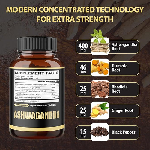 5in1 Premium Ashwagandha Capsules - Added Turmeric Rhodiola Rosea Ginger Black Pepper - 180 Caps for 6 Months