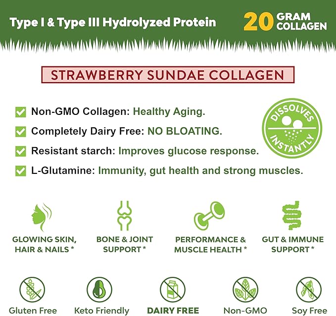 MariGold Grass-fed Collagen Peptides Powder Strawberry Sundae 1LB - 100% Pure Type I &amp III Bovine Hydrolyzed Collagen Non-GMO Hormone Free Soy Free Gluten Free Dairy Free Keto-Friendly