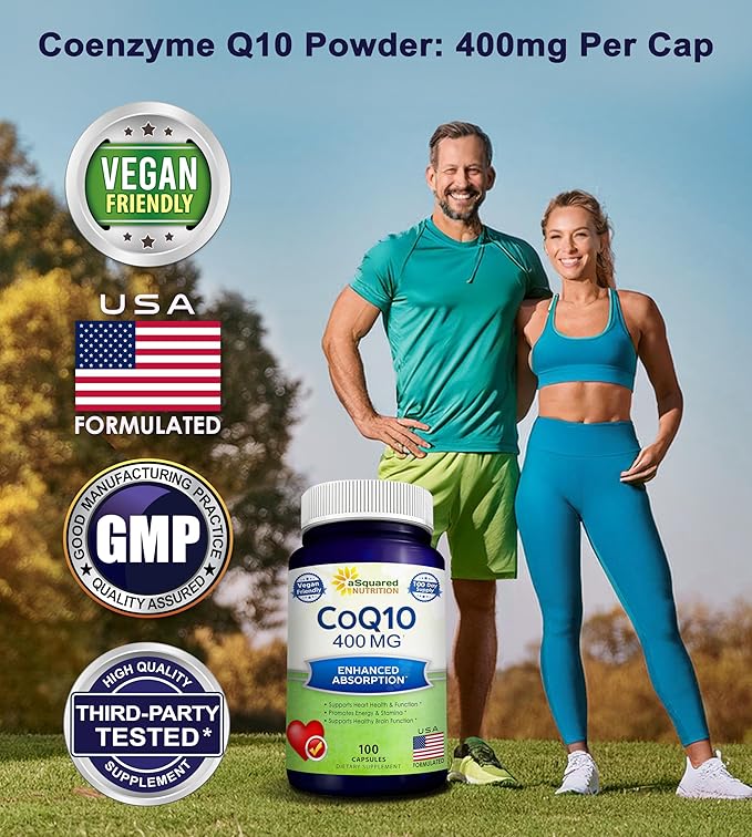 aSquared Nutrition CoQ10 (400mg Max Strength 100 Veggie Capsules) - High Absorption Coenzyme Q10 Powder - Ubiquinone Supplement Pills Extra Antioxidant CO Q-10 Enzyme Vitamin Tablets Coq 10 400 mg