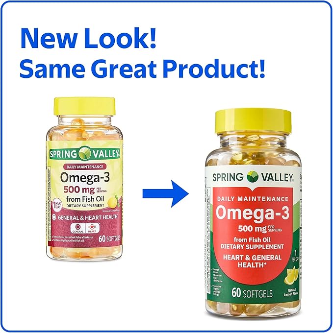 SUREFECT Spring Valley Daily Maintenance Omega-3 from Fish Oil Dietary Supplement Softgels for General &amp Heart Health Support Lemon Flavor 500 mg 60 Count Organizer.
