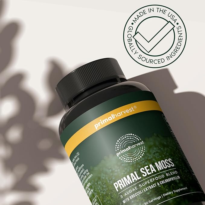 Primal Harvest Sea Moss Capsules with Bladderwack and Irish Sea Moss Chlorella Broccoli Seed Extract Plant-Based Supplements for Adults